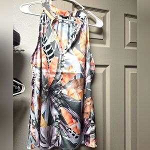 Tropical Sleeveless Blouse with Button Detail